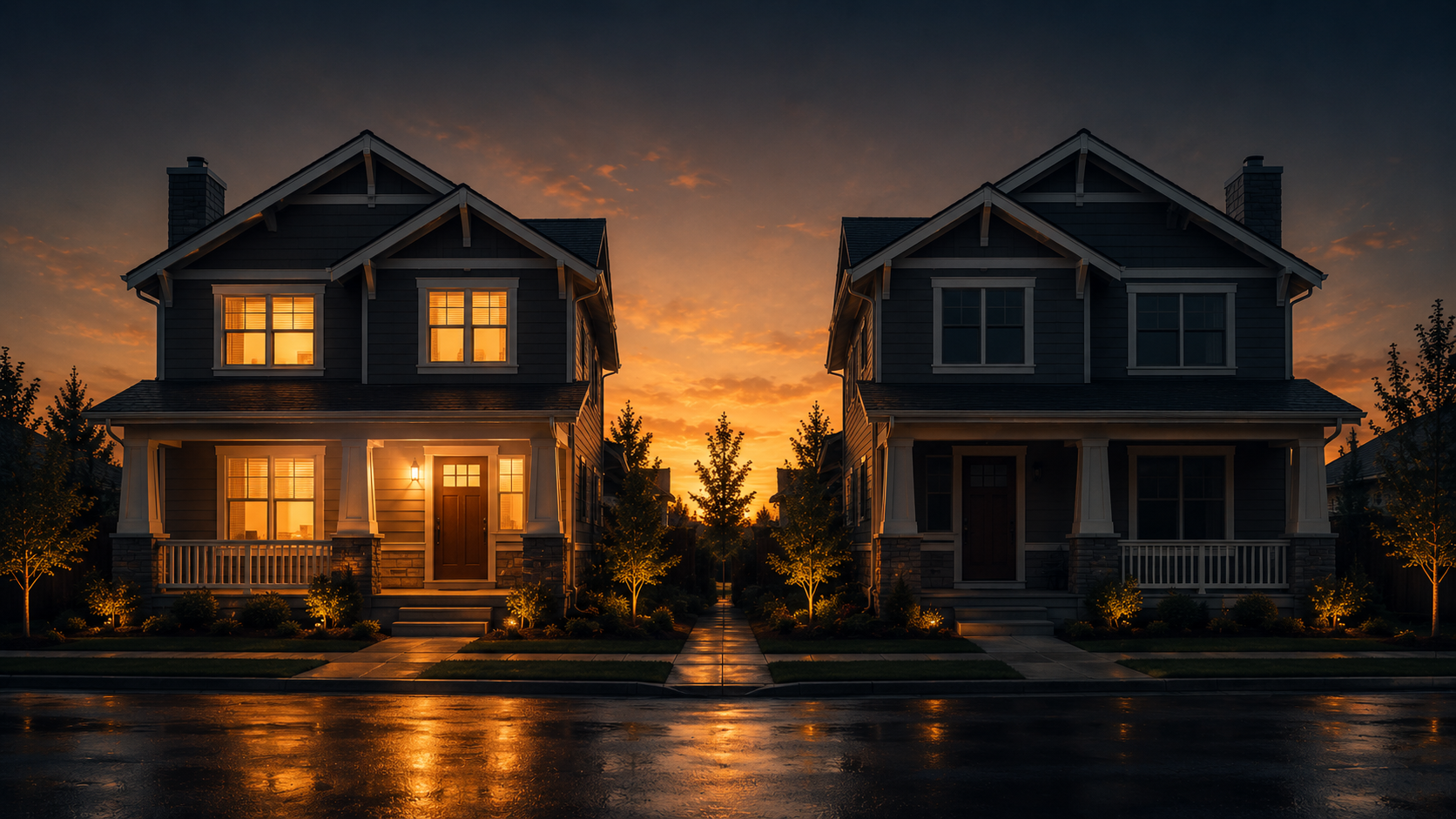 Two identical houses side by side at dusk